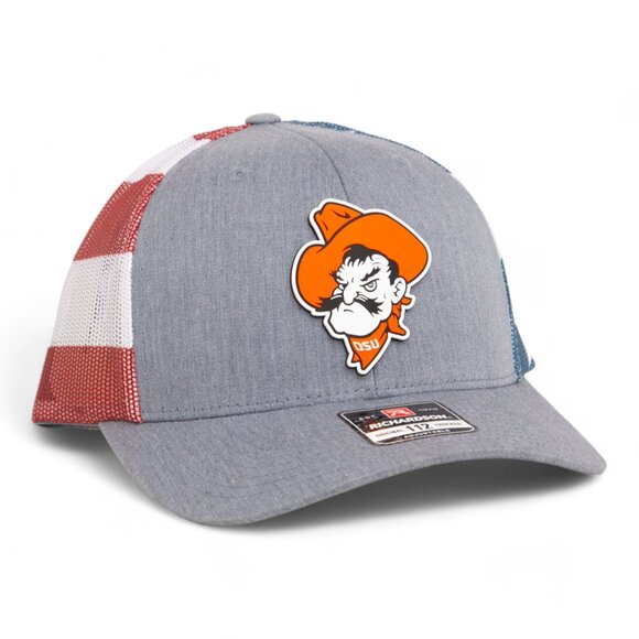 OSU Cowboys Pistol Pete Snapback Trucker Hat- Heather Grey/ Stars & Stripes - Picture 2 of 3